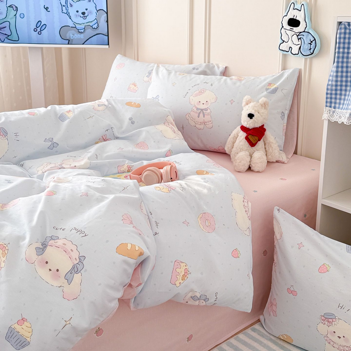 91家纺网 家纺一手货源 找家纺 女子家纺 2026新款全棉纯棉12868卡通印花四件套 蓝粉汪集