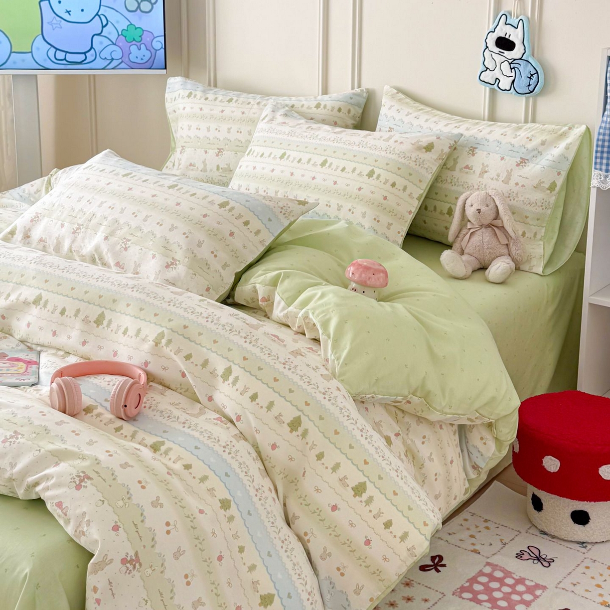 91家纺网 家纺一手货源 找家纺 女子家纺 2026新款全棉纯棉12868卡通印花四件套 青柠蓝花