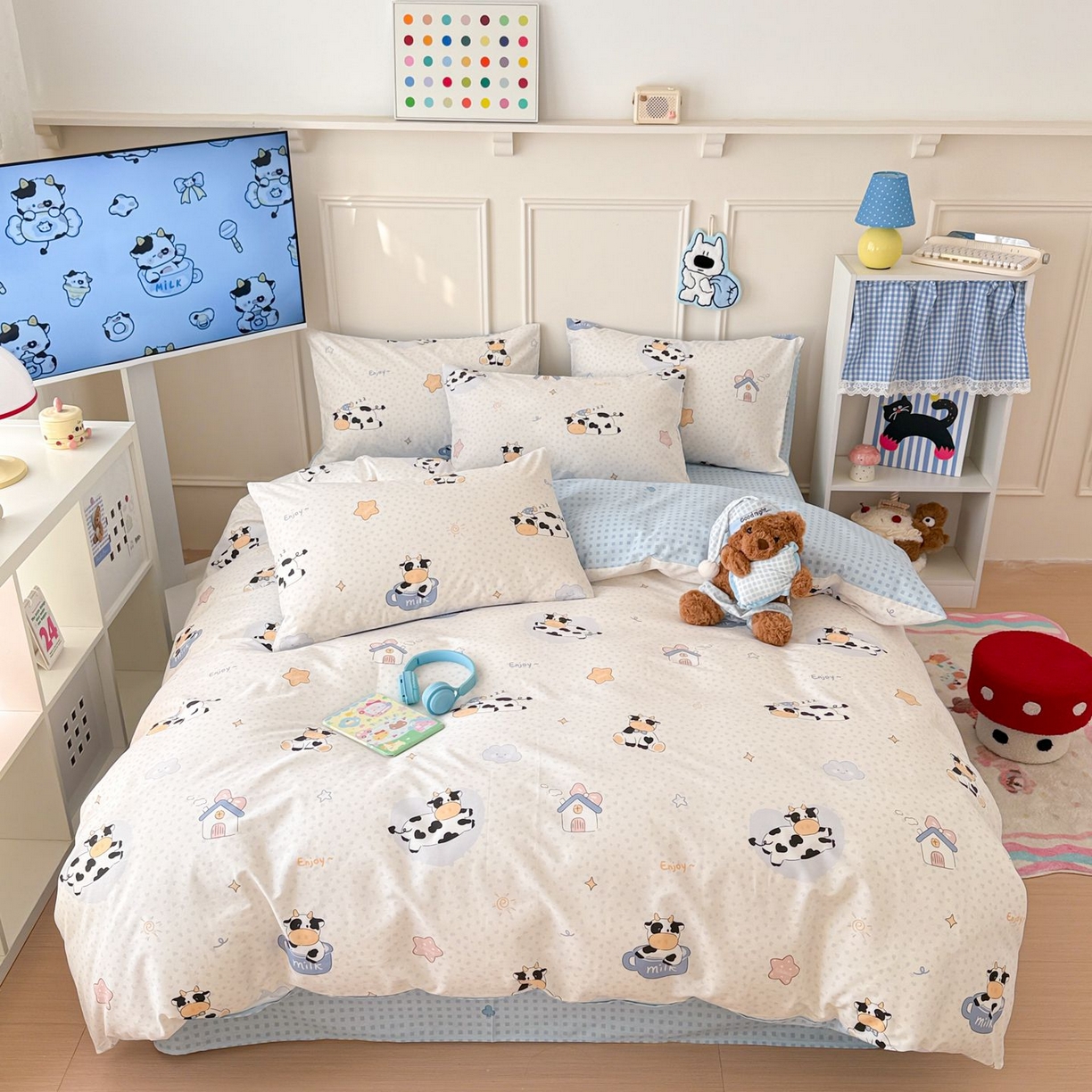 91家纺网 家纺一手货源 找家纺 女子家纺 2026新款全棉纯棉12868卡通印花四件套 奶芙呼呼