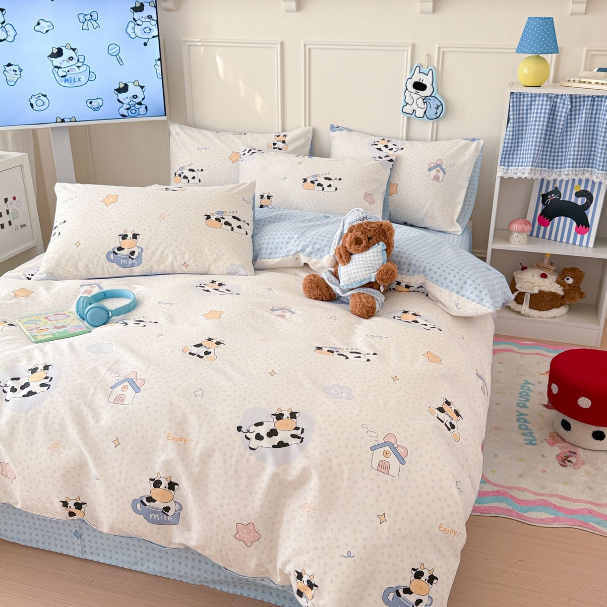 91家纺网 家纺一手货源 找家纺 女子家纺 2026新款全棉纯棉12868卡通印花四件套 奶芙呼呼