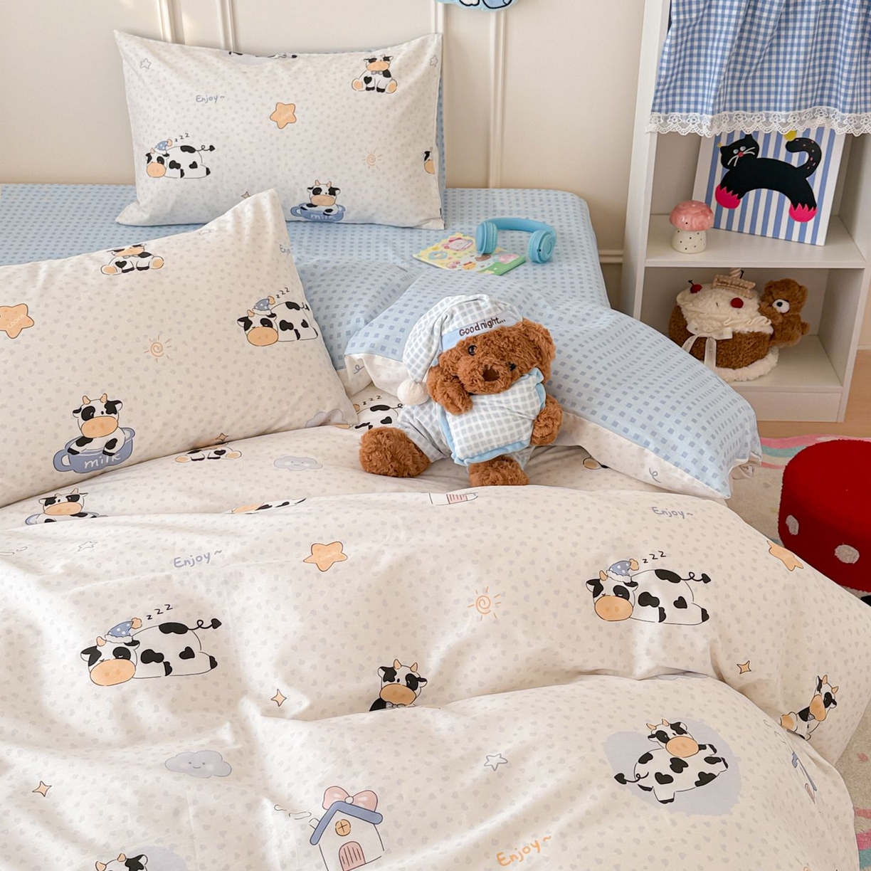 91家纺网 家纺一手货源 找家纺 女子家纺 2026新款全棉纯棉12868卡通印花四件套 奶芙呼呼