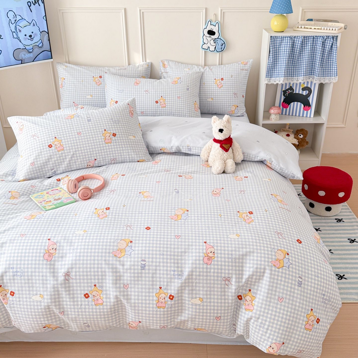 91家纺网 家纺一手货源 找家纺 女子家纺 2026新款全棉纯棉12868卡通印花四件套 蓝格甜崽