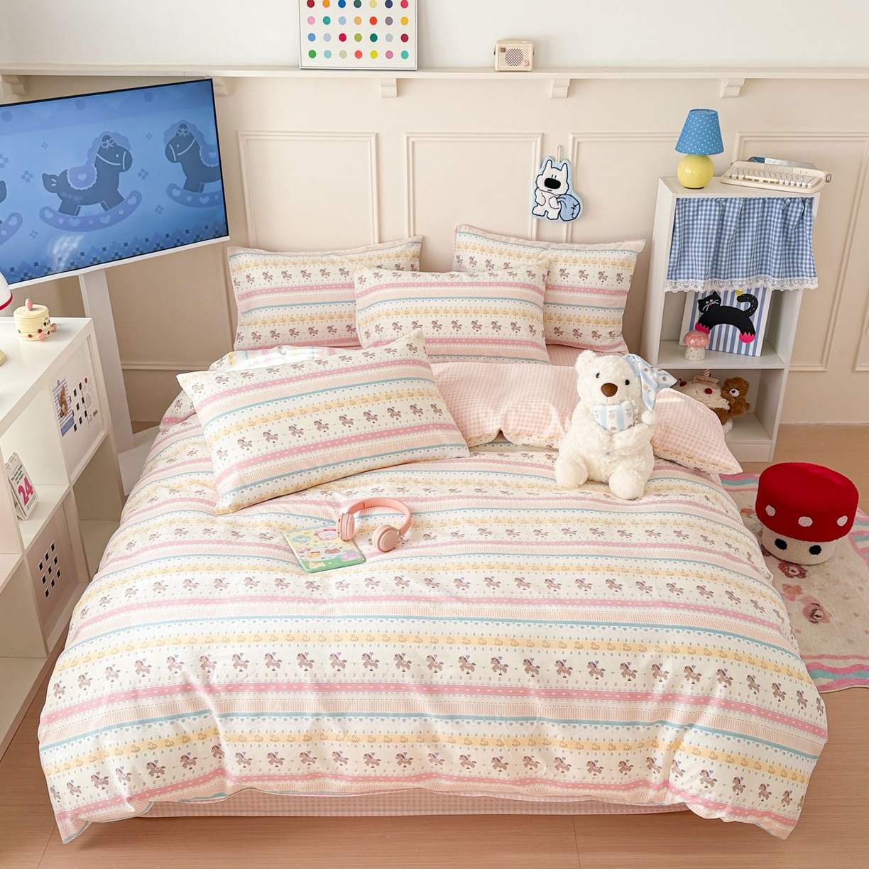 91家纺网 家纺一手货源 找家纺 女子家纺 2026新款全棉纯棉12868卡通印花四件套 彩条马仔