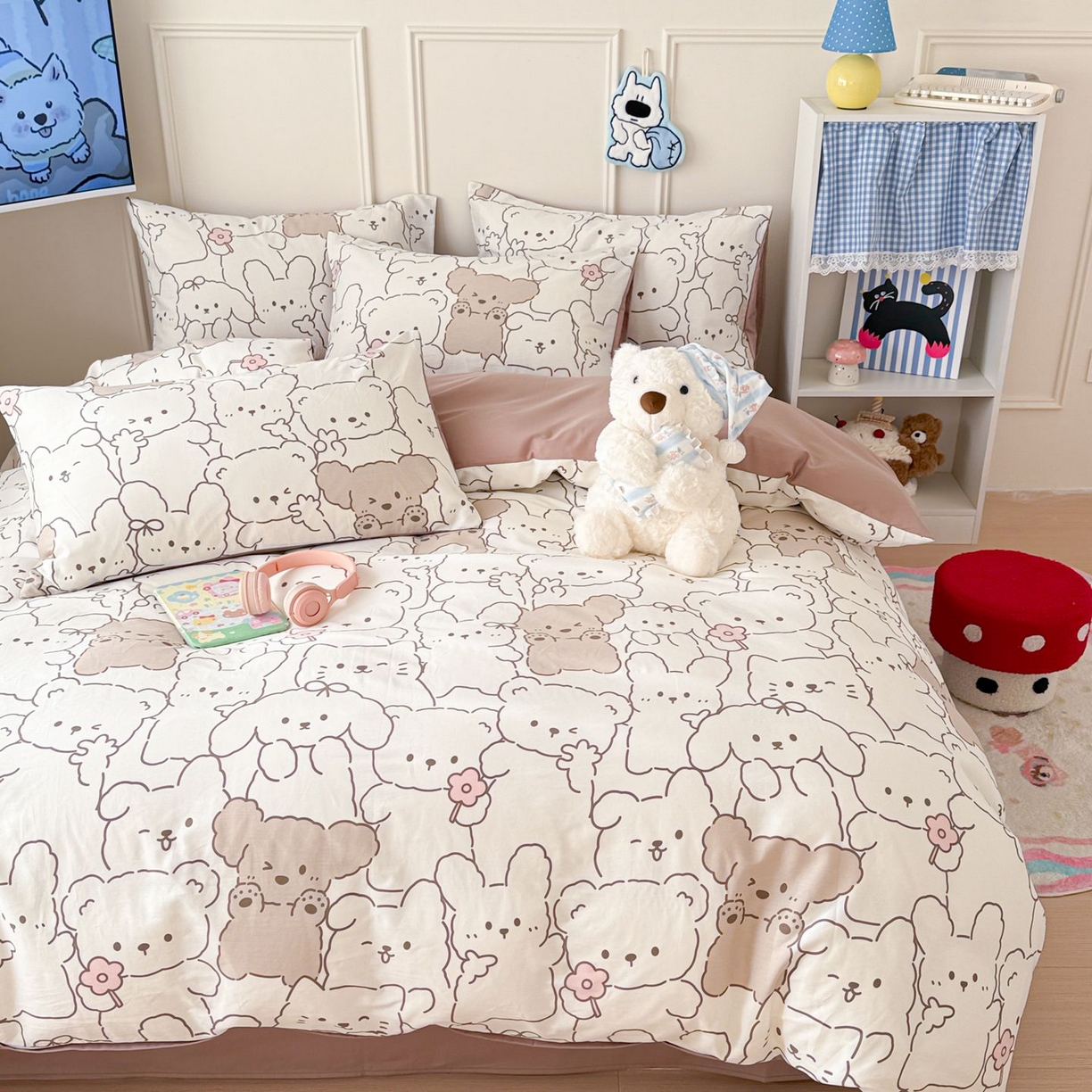 91家纺网 家纺一手货源 找家纺 女子家纺 2026新款全棉纯棉12868卡通印花四件套 小熊涂鸦