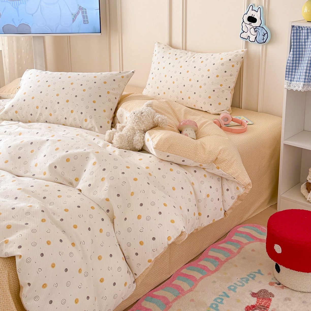 91家纺网 家纺一手货源 找家纺 女子家纺 2026新款全棉纯棉12868卡通印花四件套 小微笑