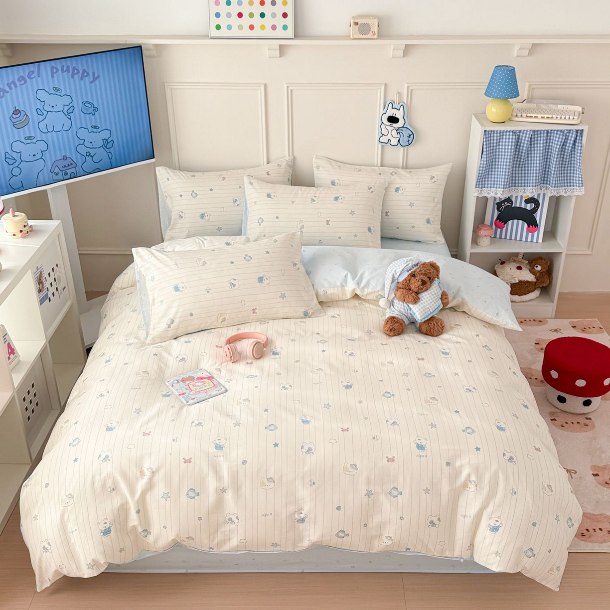 91家纺网 家纺一手货源 找家纺 女子家纺 2026新款全棉纯棉12868卡通印花四件套 线条蓝猫咪