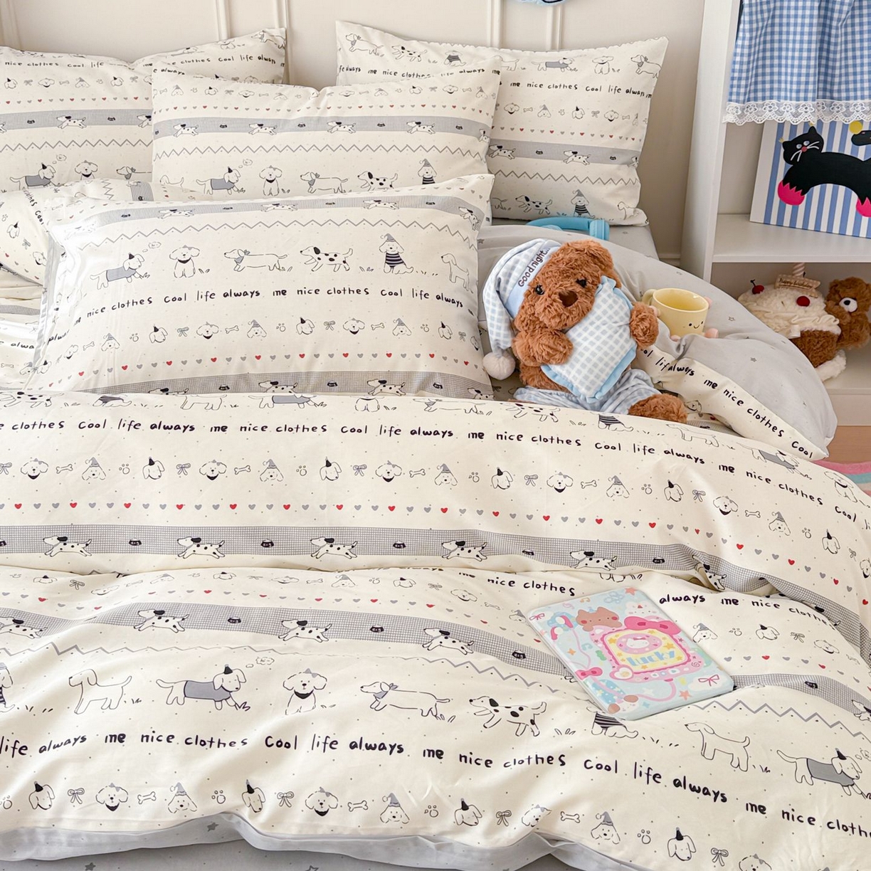 91家纺网 家纺一手货源 找家纺 女子家纺 2026新款全棉纯棉12868卡通印花四件套 手绘汪星人