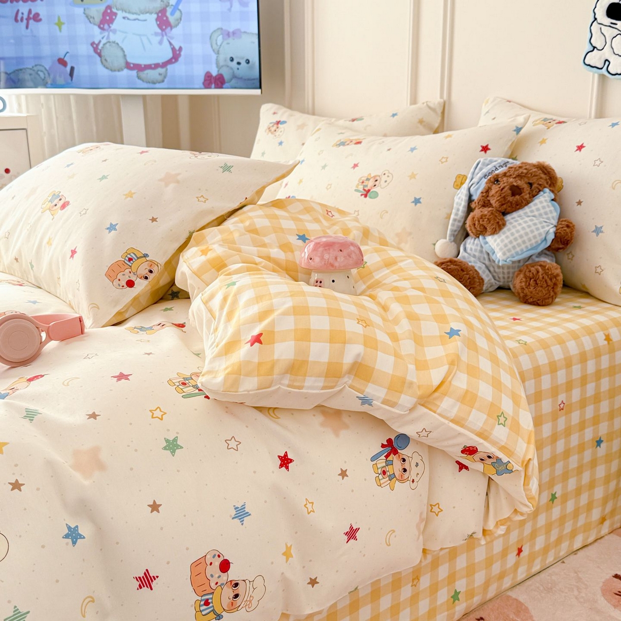 91家纺网 家纺一手货源 找家纺 女子家纺 2026新款全棉纯棉12868卡通印花四件套 七彩星星