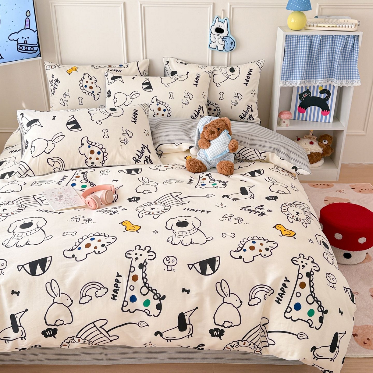 91家纺网 家纺一手货源 找家纺 女子家纺 2026新款全棉纯棉12868卡通印花四件套 黑白动物集