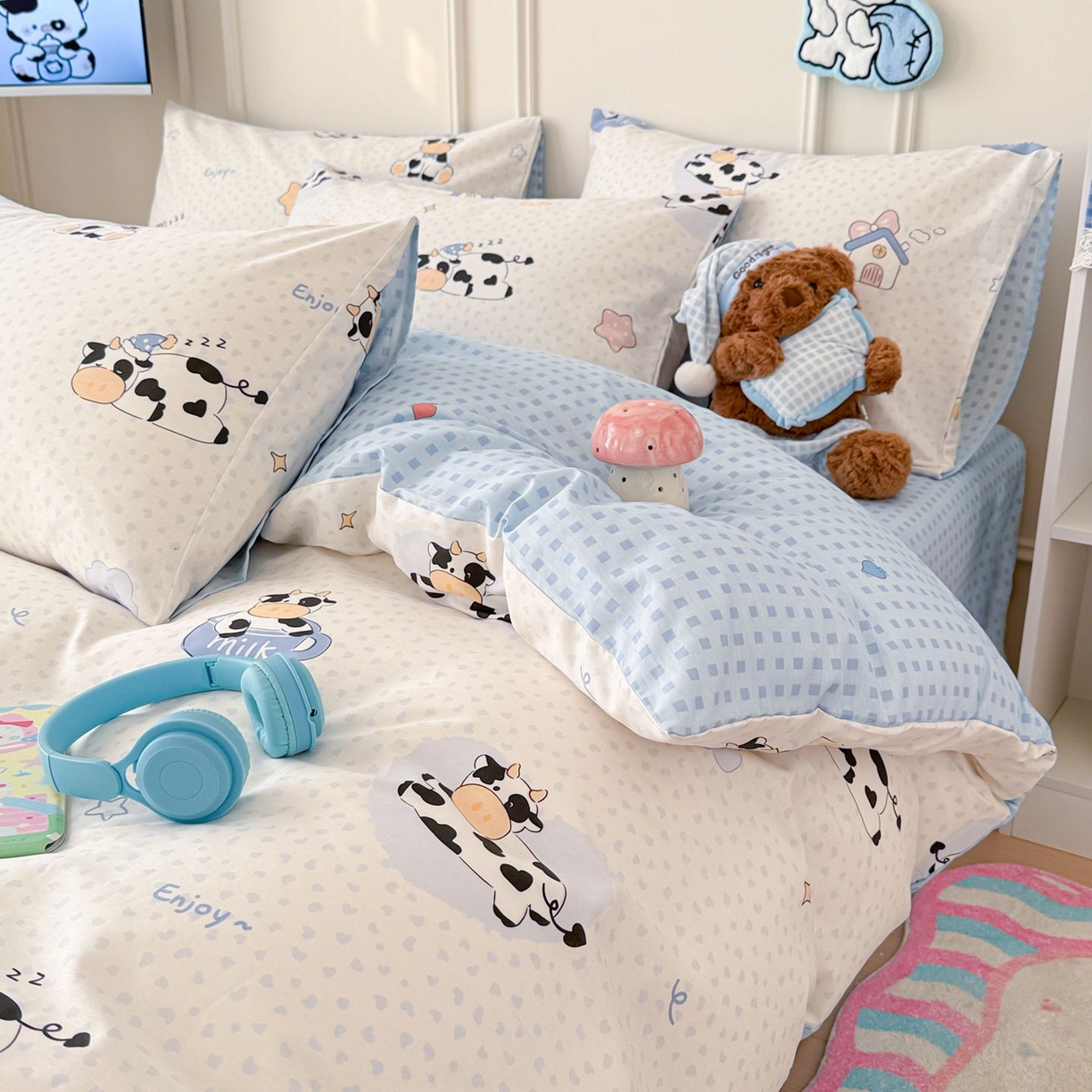 91家纺网 家纺一手货源 找家纺 女子家纺 2026新款全棉纯棉12868卡通印花四件套 奶芙呼呼