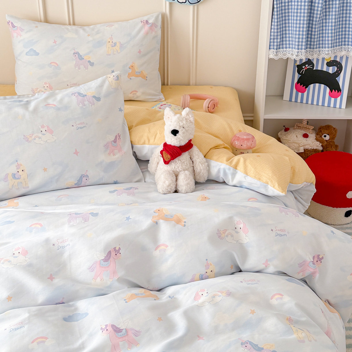 91家纺网 家纺一手货源 找家纺 女子家纺 2026新款全棉纯棉12868卡通印花四件套 独角兽与天马