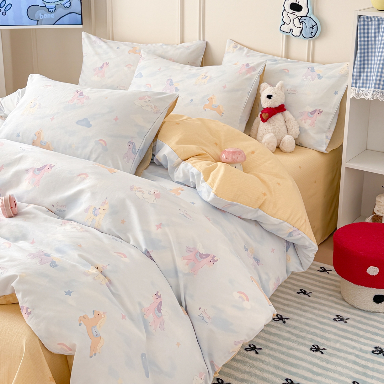 91家纺网 家纺一手货源 找家纺 女子家纺 2026新款全棉纯棉12868卡通印花四件套 独角兽与天马