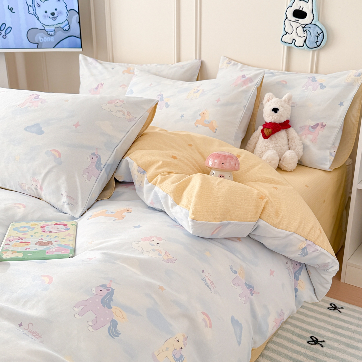 91家纺网 家纺一手货源 找家纺 女子家纺 2026新款全棉纯棉12868卡通印花四件套 独角兽与天马