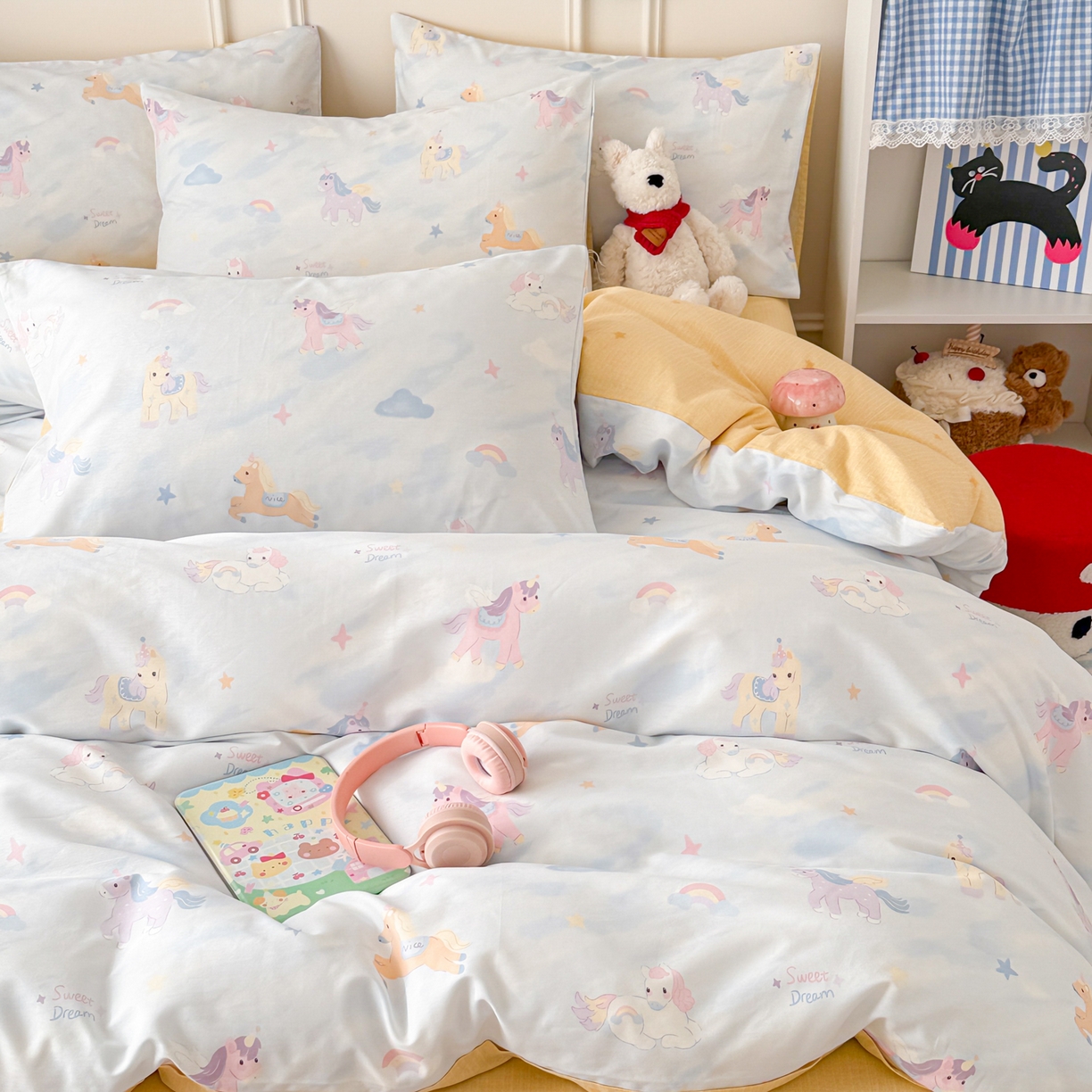 91家纺网 家纺一手货源 找家纺 女子家纺 2026新款全棉纯棉12868卡通印花四件套 独角兽与天马