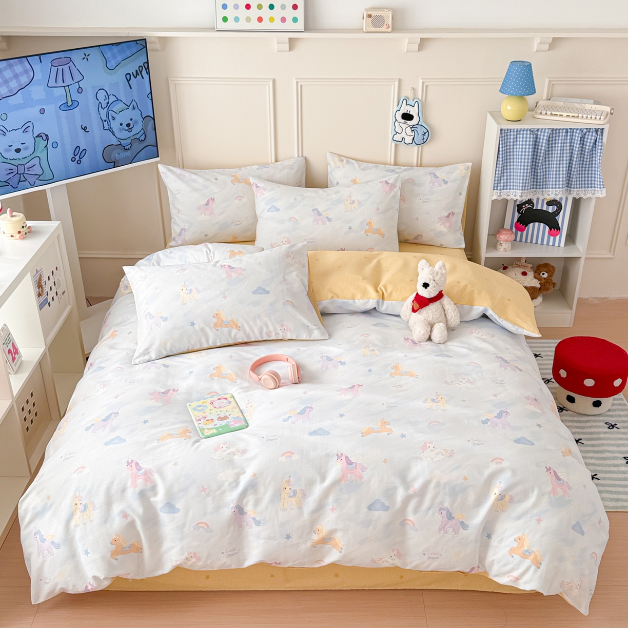 91家纺网 家纺一手货源 找家纺 女子家纺 2026新款全棉纯棉12868卡通印花四件套 独角兽与天马