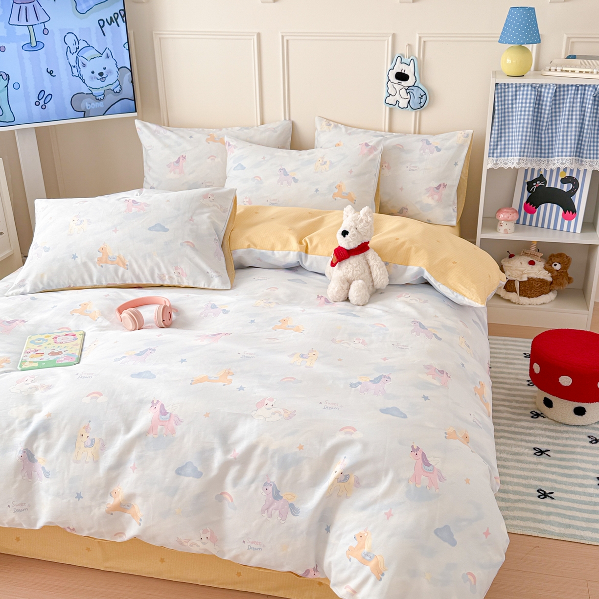 91家纺网 家纺一手货源 找家纺 女子家纺 2026新款全棉纯棉12868卡通印花四件套 独角兽与天马