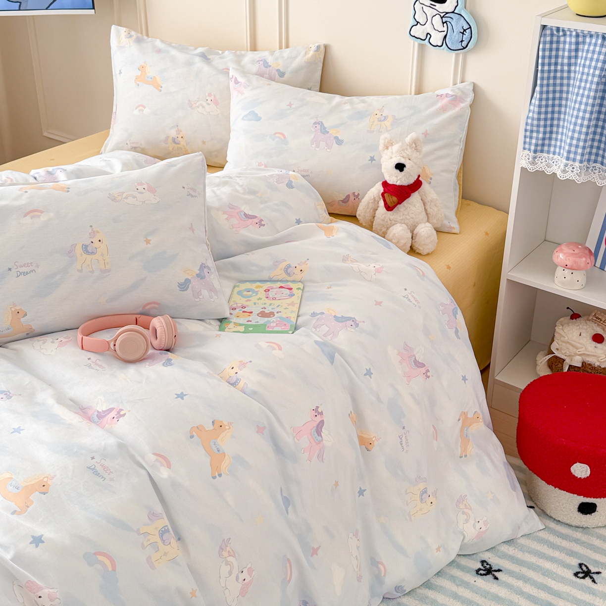 91家纺网 家纺一手货源 找家纺 女子家纺 2026新款全棉纯棉12868卡通印花四件套 独角兽与天马