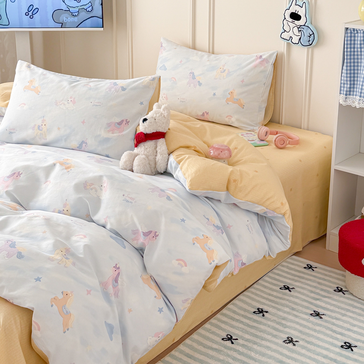 91家纺网 家纺一手货源 找家纺 女子家纺 2026新款全棉纯棉12868卡通印花四件套 独角兽与天马