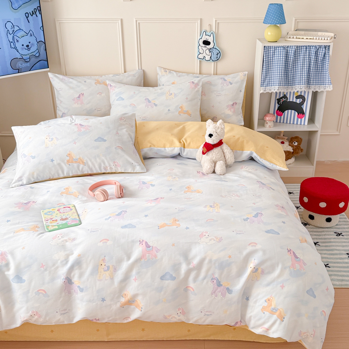 91家纺网 家纺一手货源 找家纺 女子家纺 2026新款全棉纯棉12868卡通印花四件套 独角兽与天马