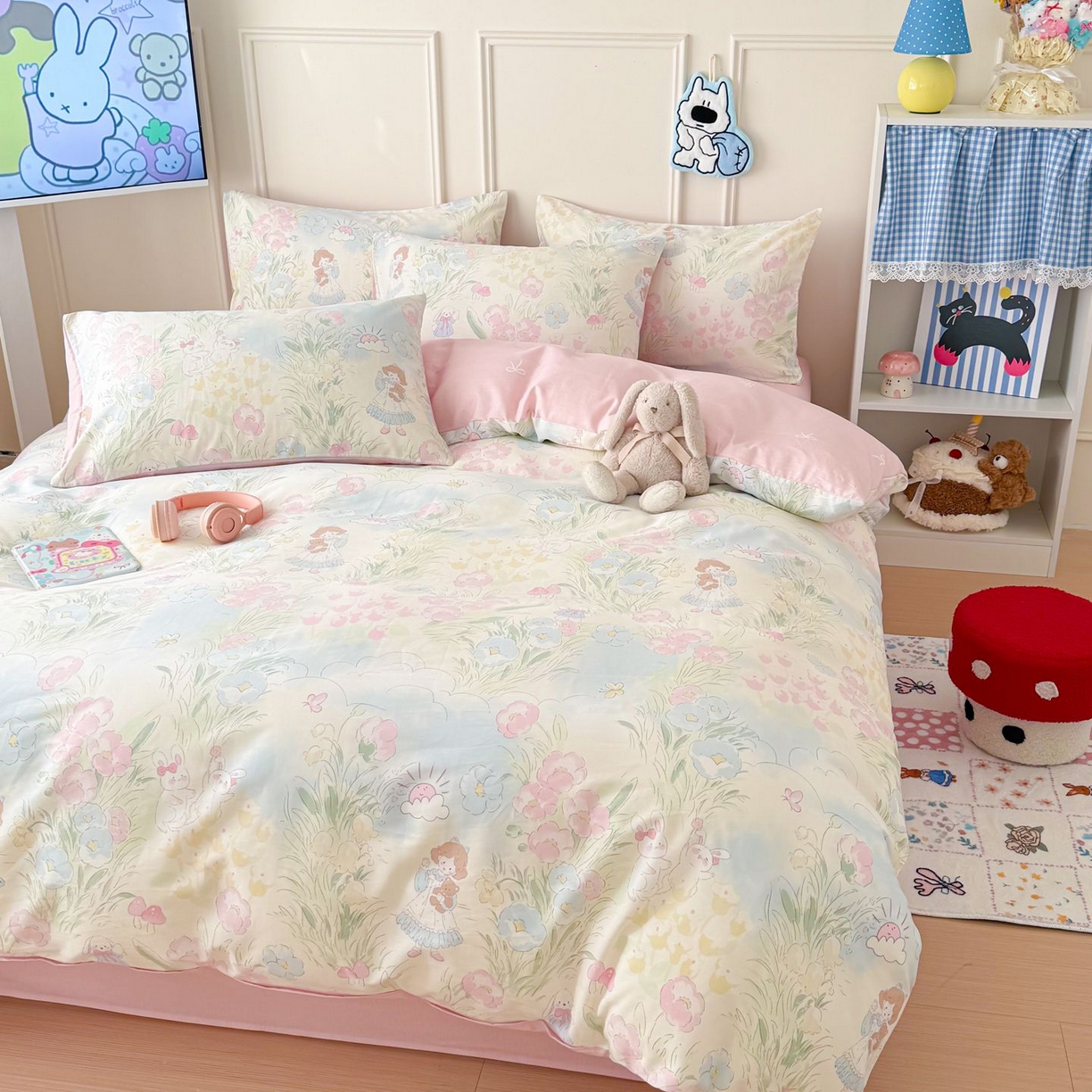 91家纺网 家纺一手货源 找家纺 女子家纺 2026新款全棉纯棉12868卡通印花四件套 花海童话