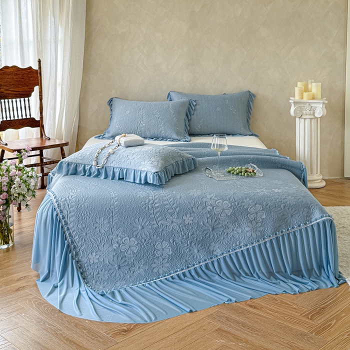 91家纺网 家纺一手货源 找家纺 赫本家纺  2026新款PE高分子单泡提花凉感复合凉席三件套 莫兰迪-蓝