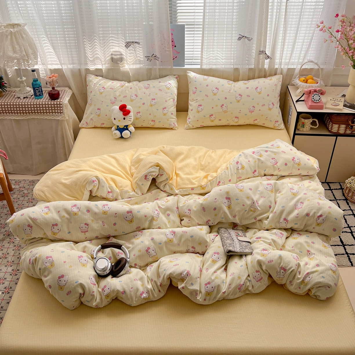 91家纺网 家纺一手货源 找家纺 王朝国际 2026新款A类彩竺棉印花四件套 芝士猫