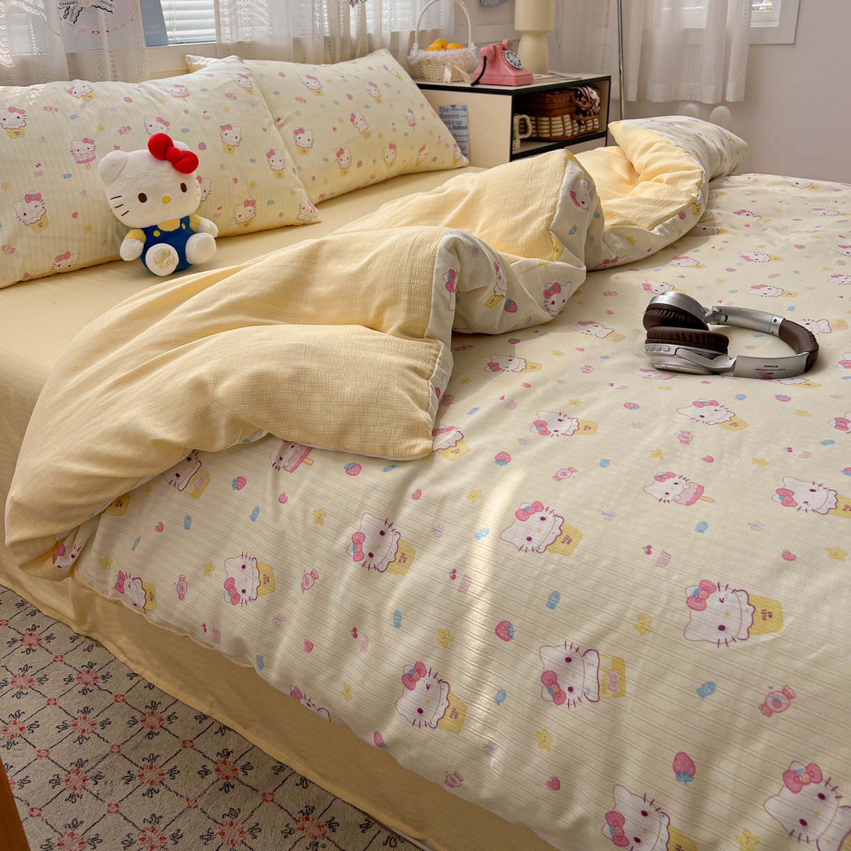 91家纺网 家纺一手货源 找家纺 王朝国际 2026新款A类彩竺棉印花四件套 芝士猫