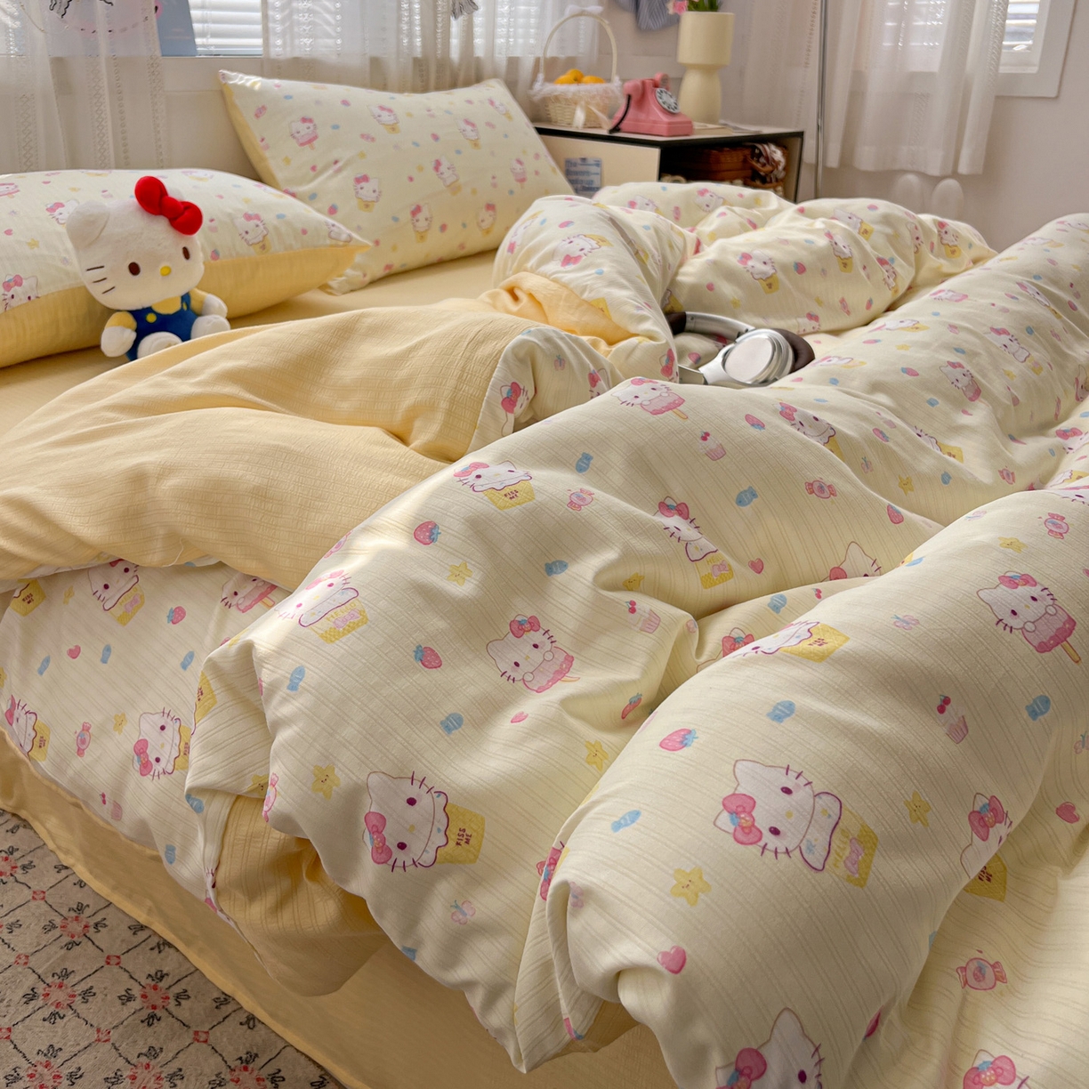 91家纺网 家纺一手货源 找家纺 王朝国际 2026新款A类彩竺棉印花四件套 芝士猫