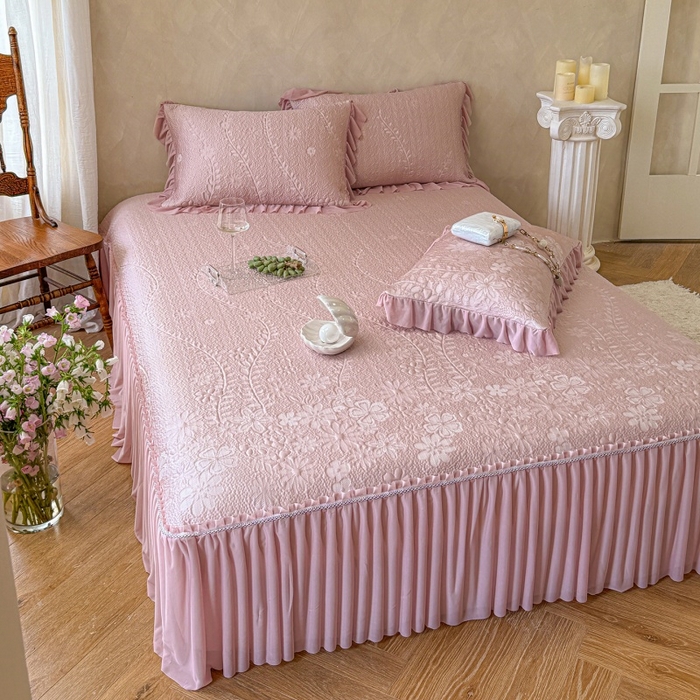 91家纺网 家纺一手货源 找家纺 赫本家纺  2026新款PE高分子单泡提花凉感复合凉席三件套 莫兰迪-粉