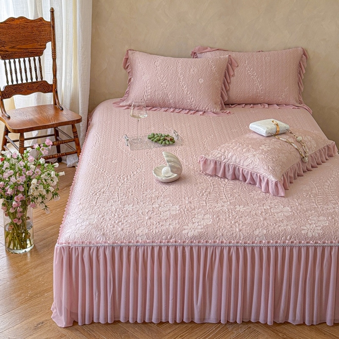 91家纺网 家纺一手货源 找家纺 赫本家纺  2026新款PE高分子单泡提花凉感复合凉席三件套 莫兰迪-粉