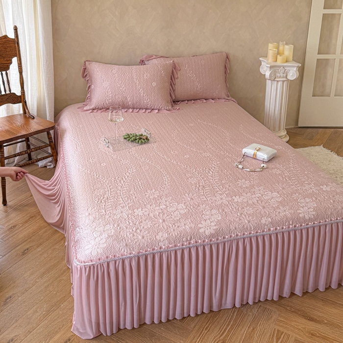 91家纺网 家纺一手货源 找家纺 赫本家纺  2026新款PE高分子单泡提花凉感复合凉席三件套 莫兰迪-粉