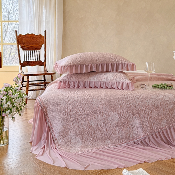 91家纺网 家纺一手货源 找家纺 赫本家纺  2026新款PE高分子单泡提花凉感复合凉席三件套 莫兰迪-粉