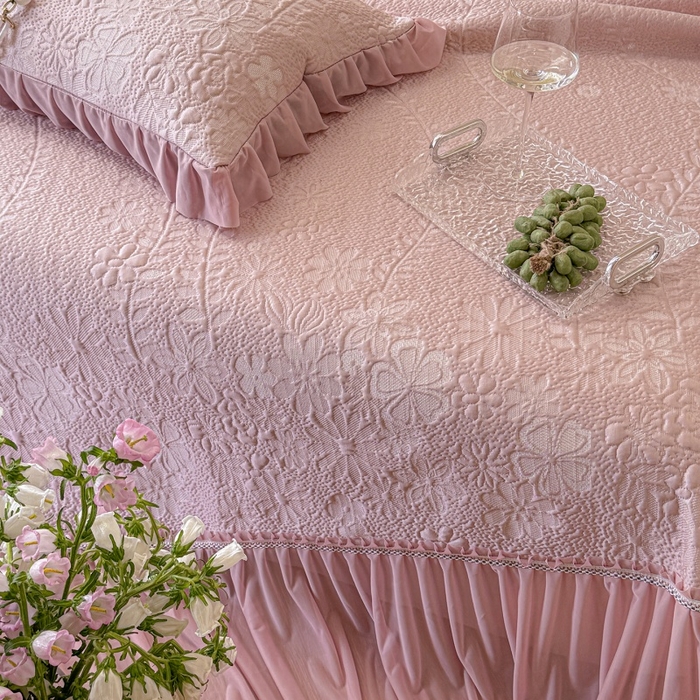 91家纺网 家纺一手货源 找家纺 赫本家纺  2026新款PE高分子单泡提花凉感复合凉席三件套 莫兰迪-粉
