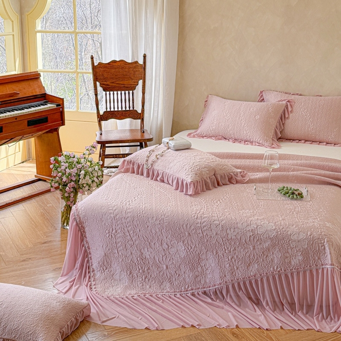 91家纺网 家纺一手货源 找家纺 赫本家纺  2026新款PE高分子单泡提花凉感复合凉席三件套 莫兰迪-粉