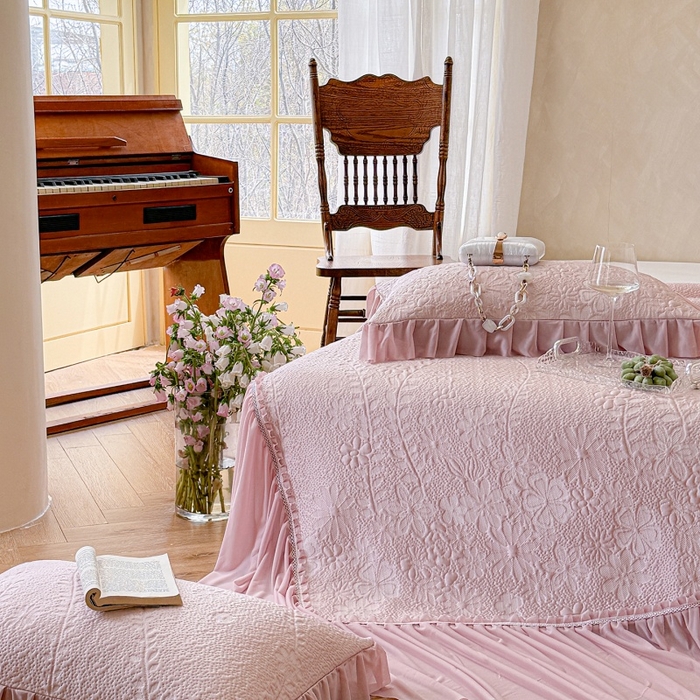 91家纺网 家纺一手货源 找家纺 赫本家纺  2026新款PE高分子单泡提花凉感复合凉席三件套 莫兰迪-粉