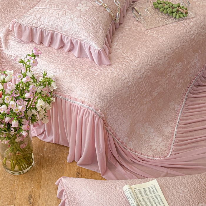 91家纺网 家纺一手货源 找家纺 赫本家纺  2026新款PE高分子单泡提花凉感复合凉席三件套 莫兰迪-粉