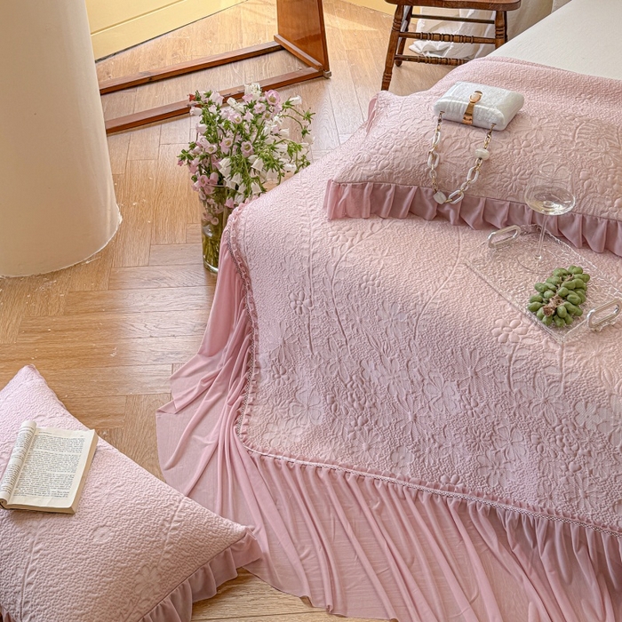 91家纺网 家纺一手货源 找家纺 赫本家纺  2026新款PE高分子单泡提花凉感复合凉席三件套 莫兰迪-粉