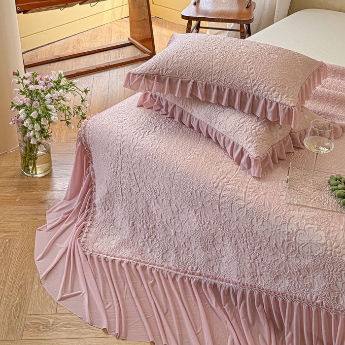 91家纺网 家纺一手货源 找家纺 赫本家纺  2026新款PE高分子单泡提花凉感复合凉席三件套 莫兰迪-粉