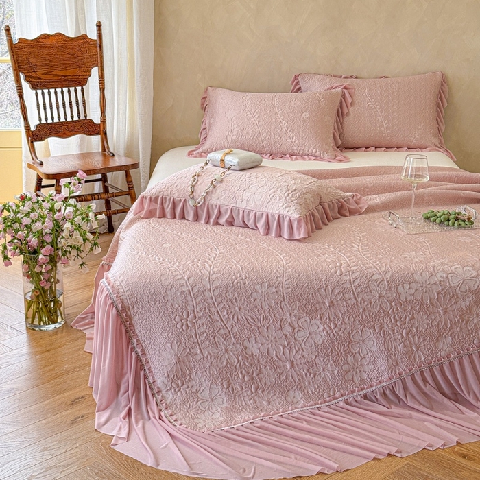 91家纺网 家纺一手货源 找家纺 赫本家纺  2026新款PE高分子单泡提花凉感复合凉席三件套 莫兰迪-粉