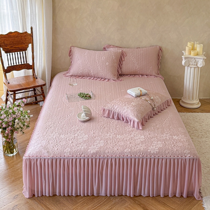 91家纺网 家纺一手货源 找家纺 赫本家纺  2026新款PE高分子单泡提花凉感复合凉席三件套 莫兰迪-粉