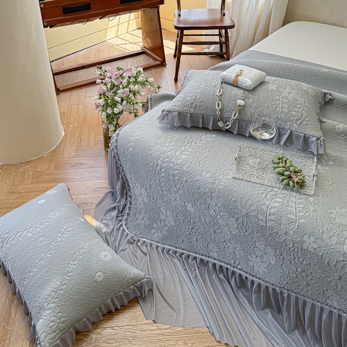 91家纺网 家纺一手货源 找家纺 赫本家纺  2026新款PE高分子单泡提花凉感复合凉席三件套 莫兰迪-灰