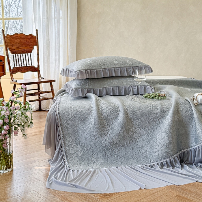 91家纺网 家纺一手货源 找家纺 赫本家纺  2026新款PE高分子单泡提花凉感复合凉席三件套 莫兰迪-灰