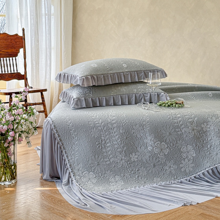 91家纺网 家纺一手货源 找家纺 赫本家纺  2026新款PE高分子单泡提花凉感复合凉席三件套 莫兰迪-灰