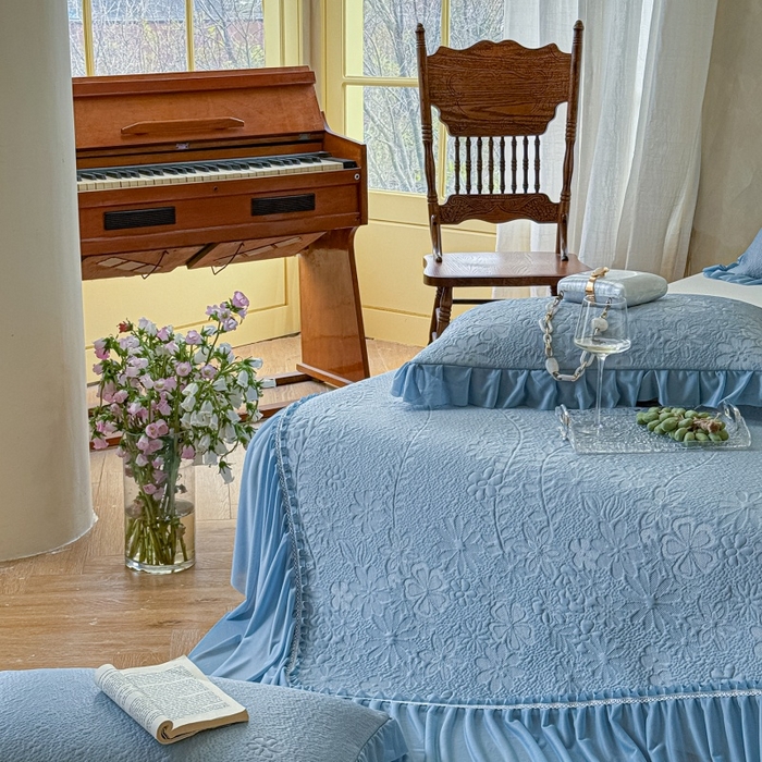 91家纺网 家纺一手货源 找家纺 赫本家纺  2026新款PE高分子单泡提花凉感复合凉席三件套 莫兰迪-蓝