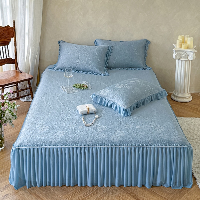 91家纺网 家纺一手货源 找家纺 赫本家纺  2026新款PE高分子单泡提花凉感复合凉席三件套 莫兰迪-蓝