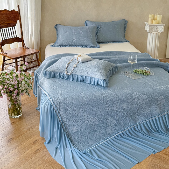 91家纺网 家纺一手货源 找家纺 赫本家纺  2026新款PE高分子单泡提花凉感复合凉席三件套 莫兰迪-蓝