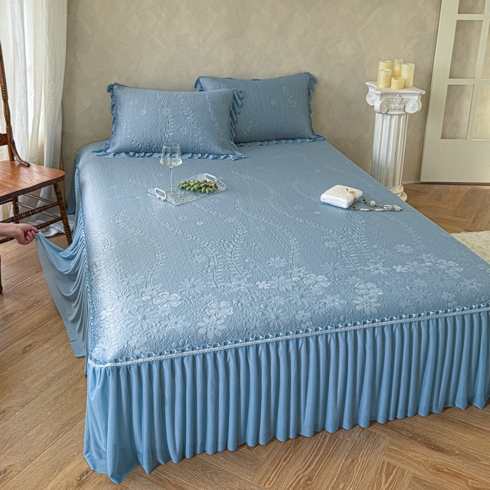 91家纺网 家纺一手货源 找家纺 赫本家纺  2026新款PE高分子单泡提花凉感复合凉席三件套 莫兰迪-蓝