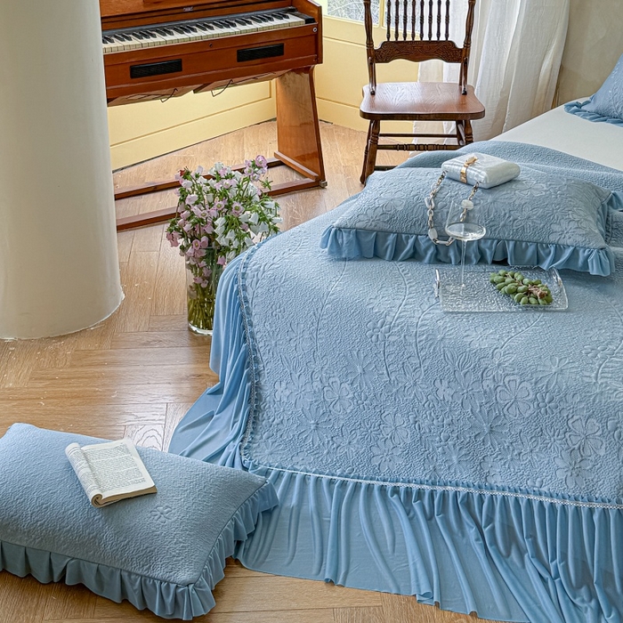 91家纺网 家纺一手货源 找家纺 赫本家纺  2026新款PE高分子单泡提花凉感复合凉席三件套 莫兰迪-蓝