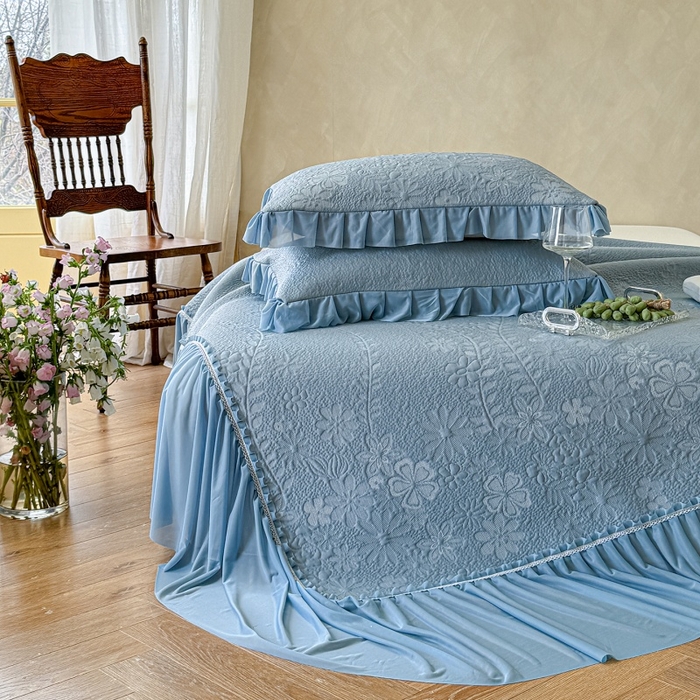 91家纺网 家纺一手货源 找家纺 赫本家纺  2026新款PE高分子单泡提花凉感复合凉席三件套 莫兰迪-蓝