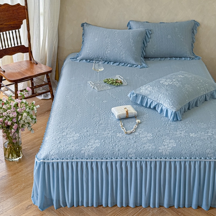 91家纺网 家纺一手货源 找家纺 赫本家纺  2026新款PE高分子单泡提花凉感复合凉席三件套 莫兰迪-蓝
